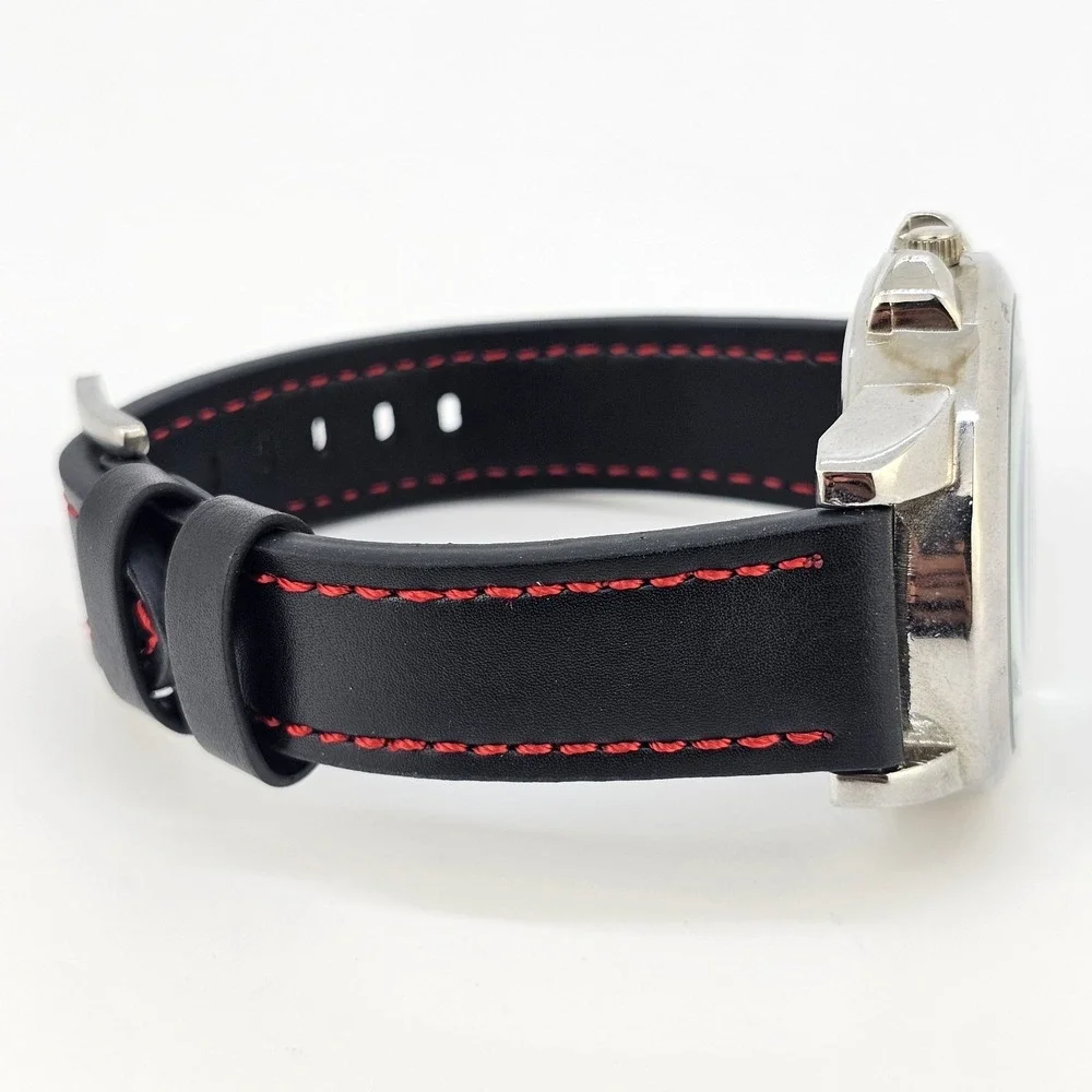 Men's Analog Watch 44MM Black Dial‎ Black Red Faux Leather Bands New Battery